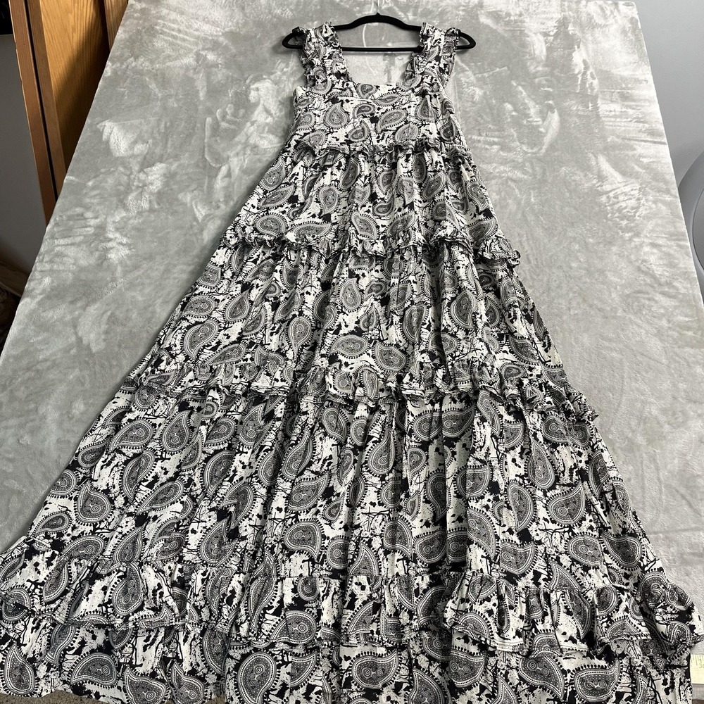 Dodo Bar Or Dress Womens 44 Black Paisley Silk Ruffle Tiered Maxi Sundress Boho